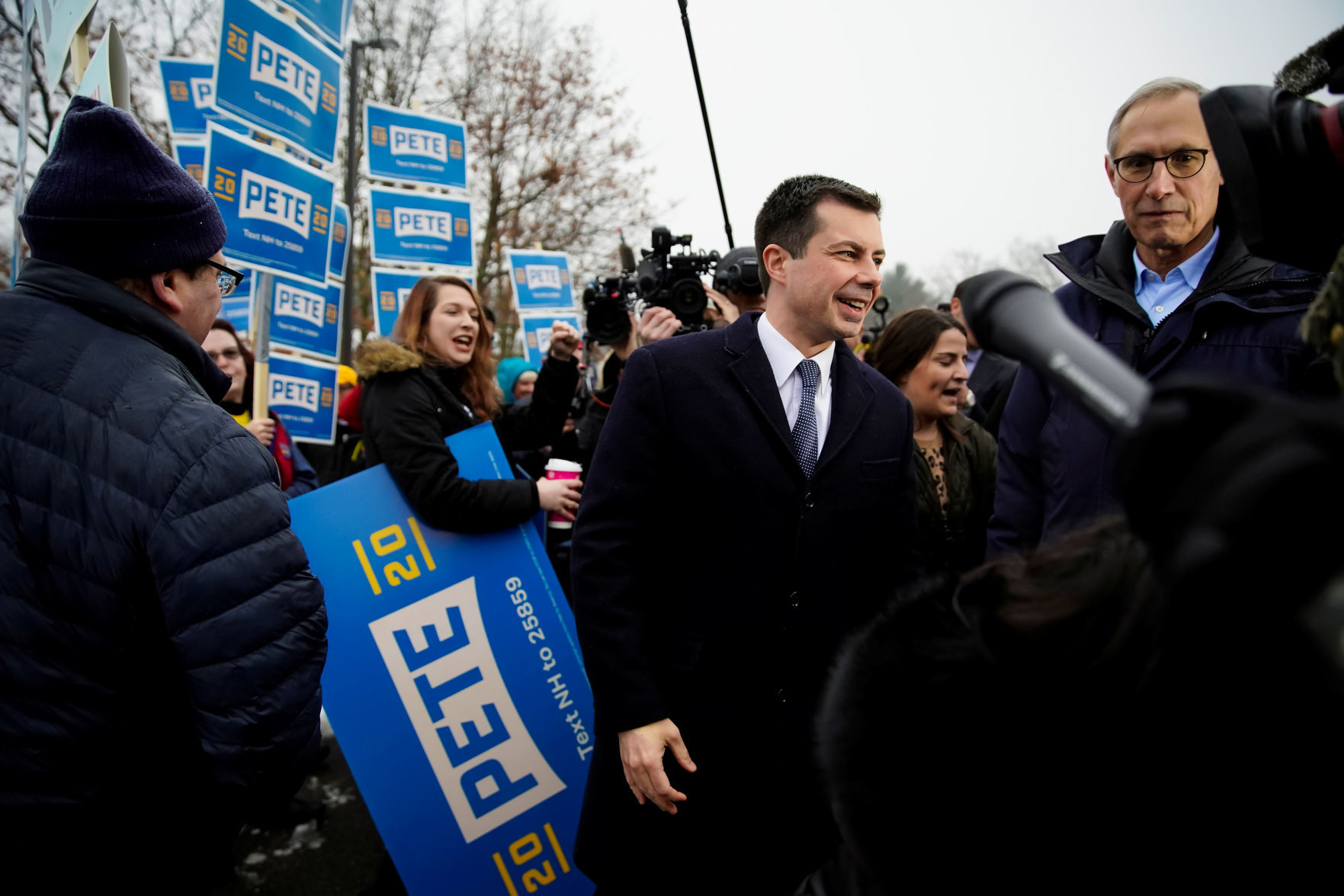 Pete Buttigieg, Democratic presidential candidate and former South Bend, Indiana mayor drops by a polling location on primary day in Nashua